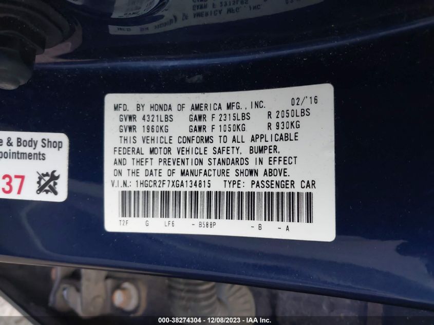 1HGCR2F7XGA134815 | 2016 HONDA ACCORD