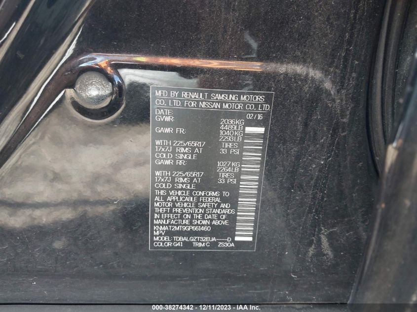 2016 NISSAN ROGUE SV - KNMAT2MT9GP661460