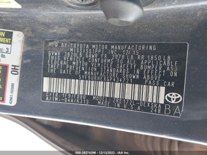 2016 TOYOTA COROLLA S PLUS - 5YFBURHEXGP434721