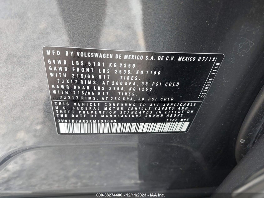 VIN 3VV1B7AX2KM191649 2019 VOLKSWAGEN TIGUAN S