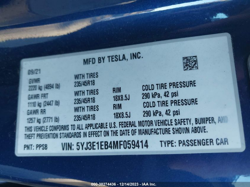 5YJ3E1EB4MF059414 | 2021 TESLA MODEL 3