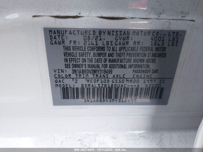 2021 NISSAN SENTRA SR - 3N1AB8DV3MY318499
