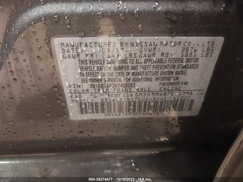 VIN 3N1AB7AP3KY406983 2019 NISSAN SENTRA S/SV/SR/SL