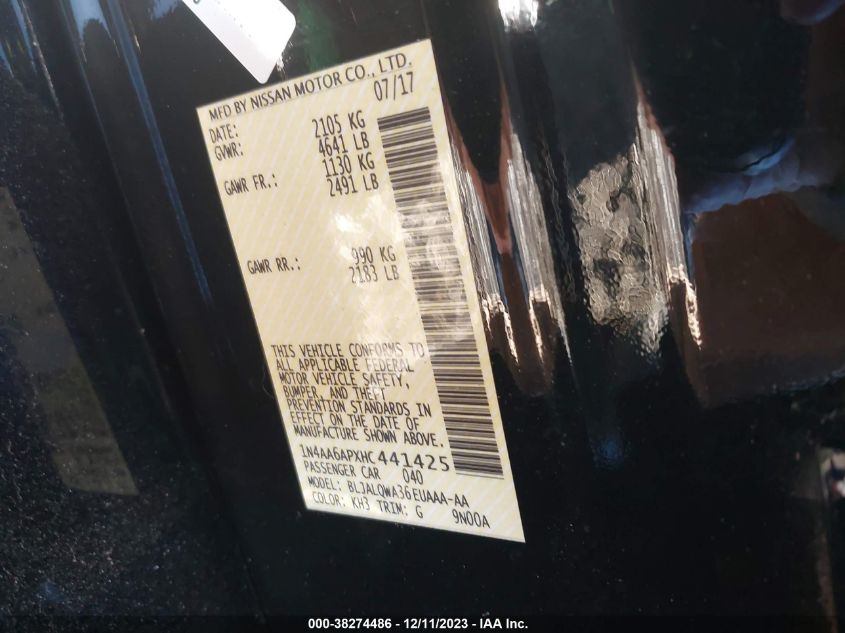 2017 NISSAN MAXIMA 3.5 S - 1N4AA6APXHC441425