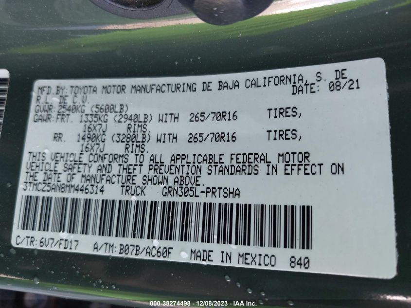 2021 TOYOTA TACOMA DOUBLE CAB/SR/SR5 - 3TMCZ5AN8MM446314