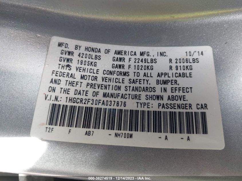 2015 HONDA ACCORD LX - 1HGCR2F30FA037876