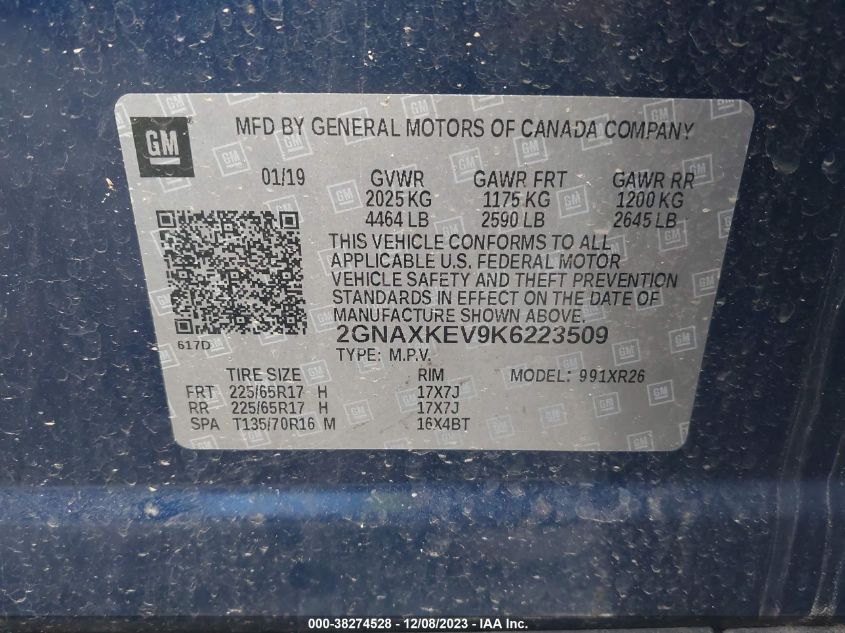 2019 CHEVROLET EQUINOX LT - 2GNAXKEV9K6223509