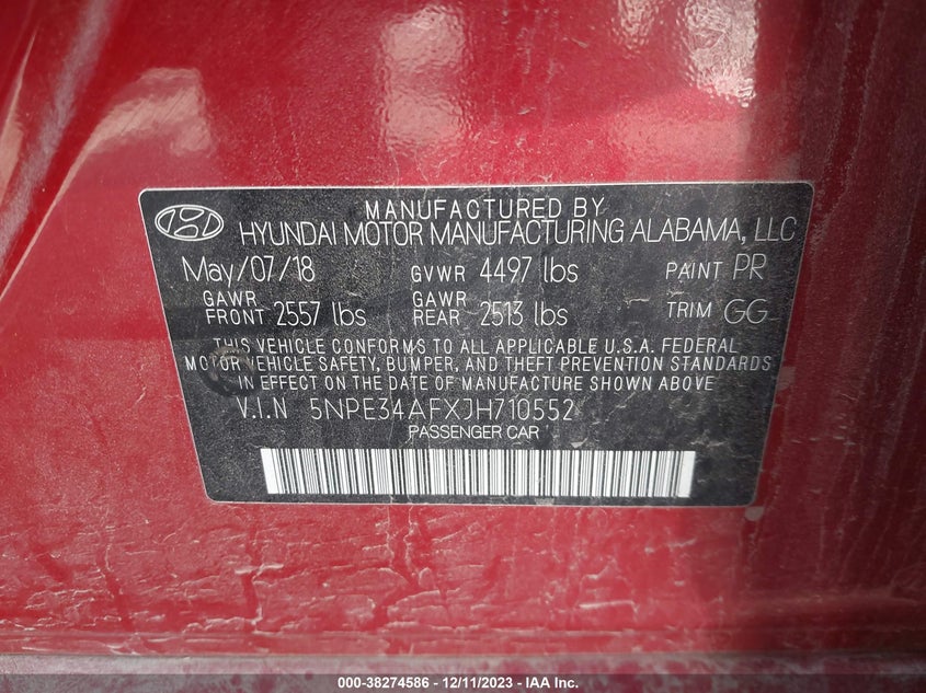 VIN 5NPE34AFXJH710552 2018 HYUNDAI SONATA SEL+