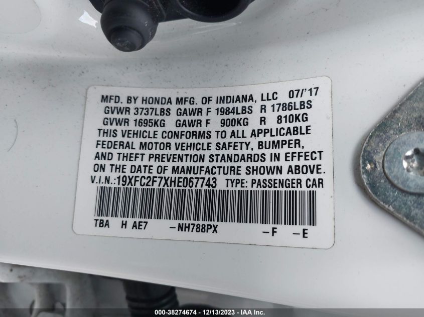 2017 HONDA CIVIC EX - 19XFC2F7XHE067743