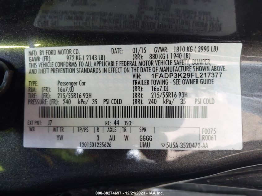 2015 FORD FOCUS SE - 1FADP3K29FL217377