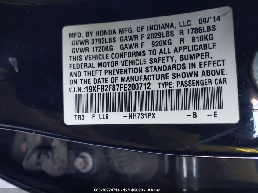 2015 HONDA CIVIC EX - 19XFB2F87FE200712
