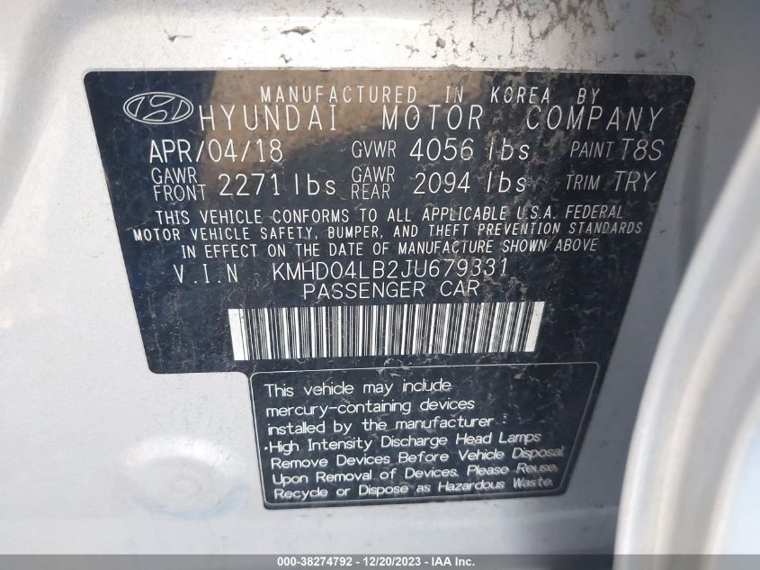 2018 HYUNDAI ELANTRA SPORT - KMHD04LB2JU679331