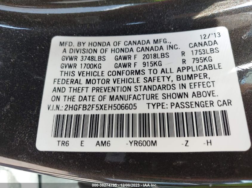 2014 HONDA CIVIC LX - 2HGFB2F5XEH506605
