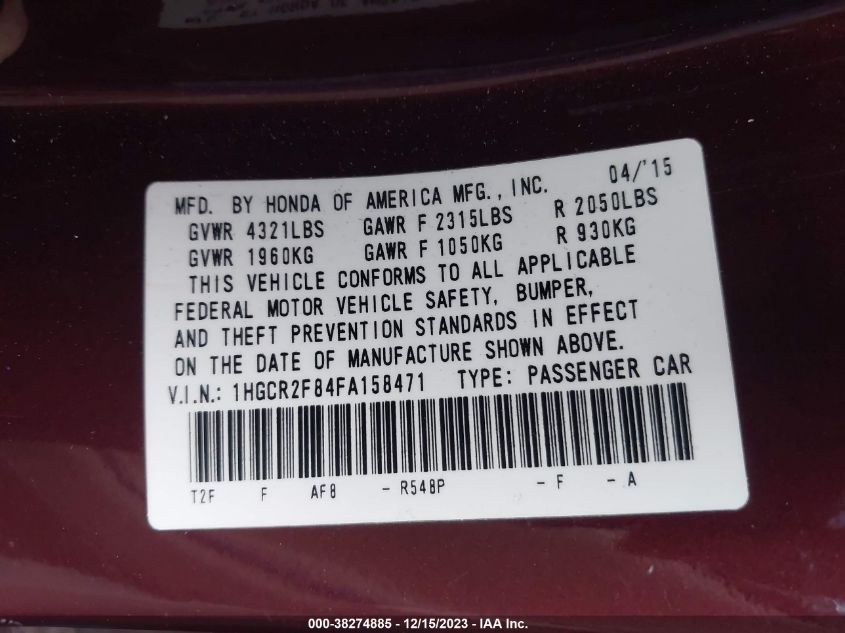 2015 HONDA ACCORD EX-L - 1HGCR2F84FA158471