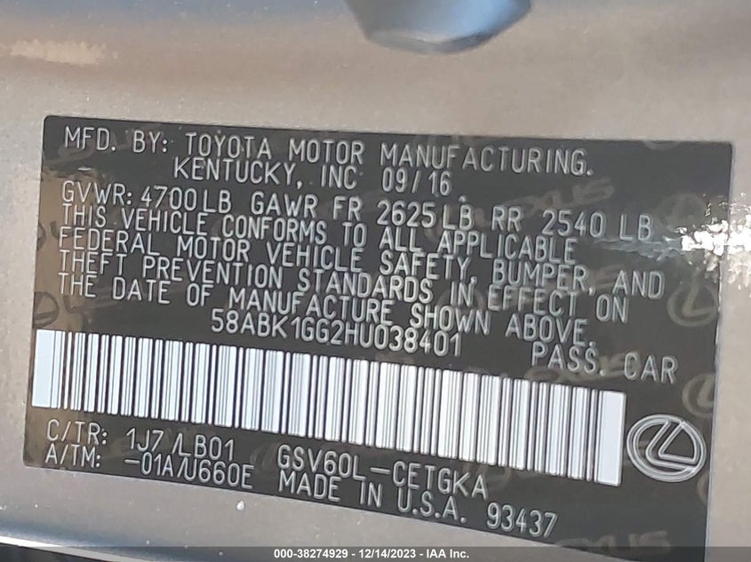 VIN 58ABK1GG2HU038401 2017 LEXUS ES 350