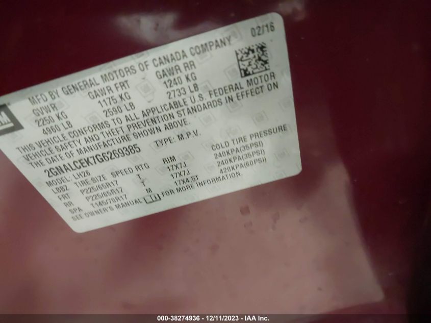 2016 CHEVROLET EQUINOX LT - 2GNALCEK7G6269385