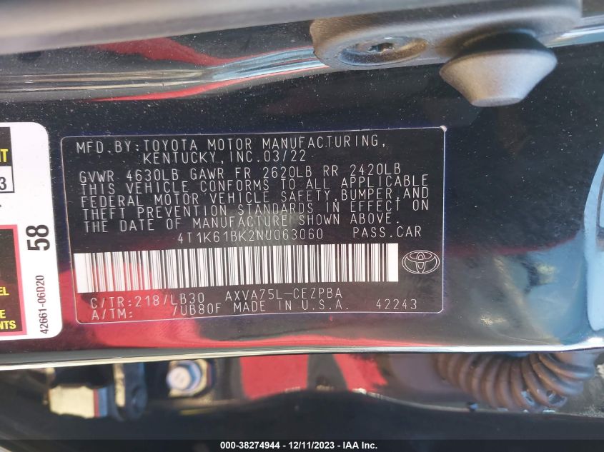 2022 TOYOTA CAMRY XSE - 4T1K61BK2NU063060