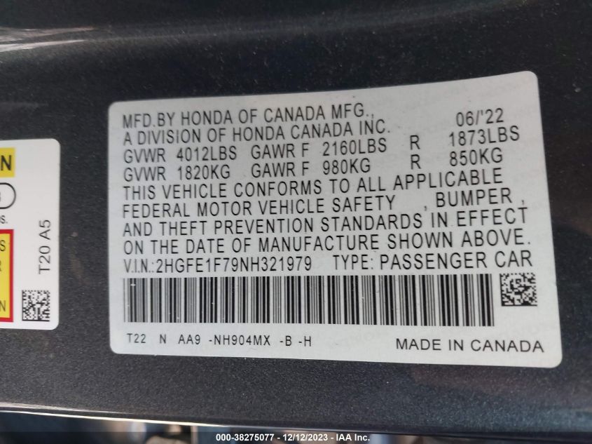 2022 HONDA CIVIC EX - 2HGFE1F79NH321979