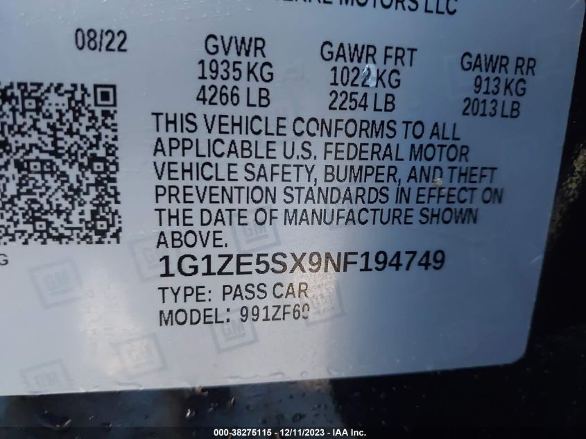2022 CHEVROLET MALIBU PREMIER - 1G1ZE5SX9NF194749
