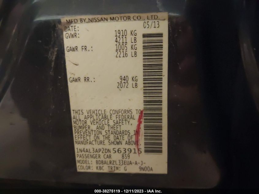 2013 NISSAN ALTIMA 2.5/S/SV/SL - 1N4AL3AP2DN563915