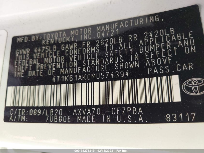 2021 TOYOTA CAMRY XSE - 4T1K61AK0MU574394