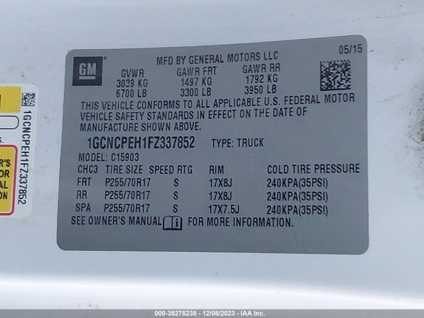 2015 CHEVROLET SILVERADO 1500 WORK TRUCK - 1GCNCPEH1FZ337852