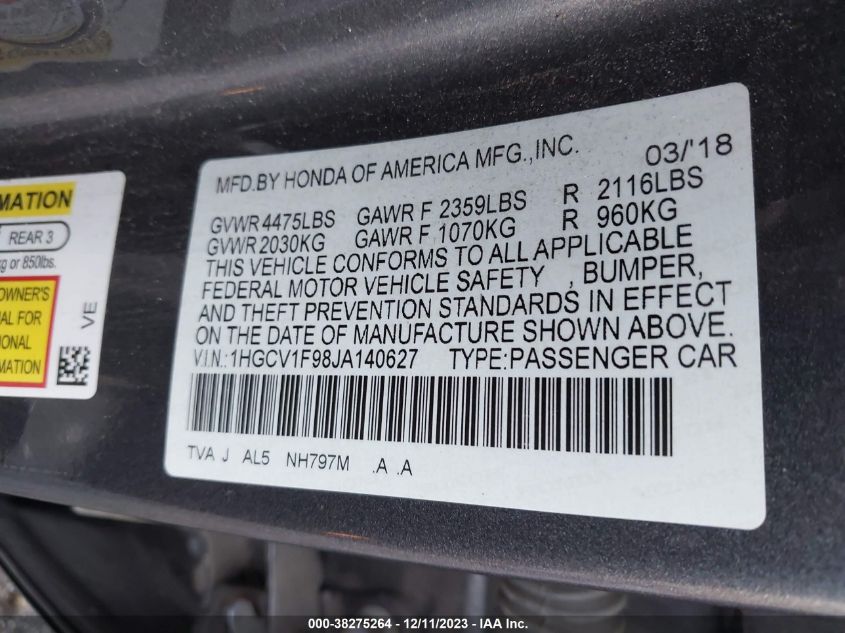 2018 HONDA ACCORD TOURING - 1HGCV1F98JA140627