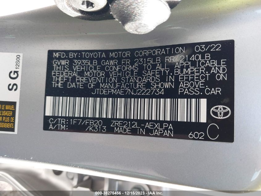 2022 TOYOTA COROLLA LE - JTDEPMAE7NJ222734