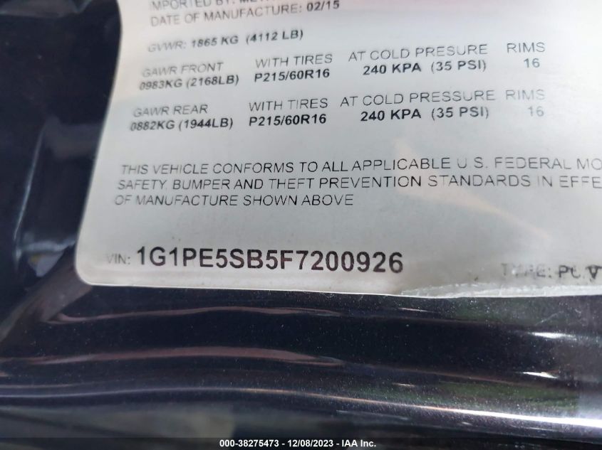 2015 CHEVROLET CRUZE LT - 1G1PE5SB5F7200926
