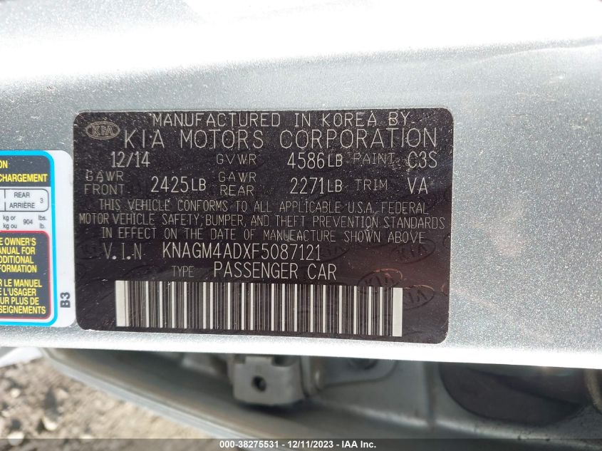 2015 KIA OPTIMA HYBRID - KNAGM4ADXF5087121