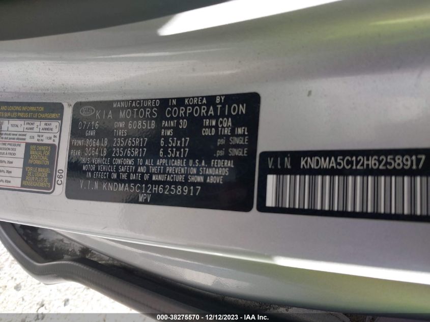 2017 KIA SEDONA L - KNDMA5C12H6258917