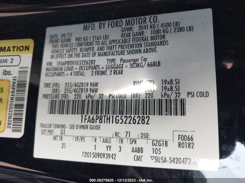 2016 FORD MUSTANG - 1FA6P8TH1G5226282