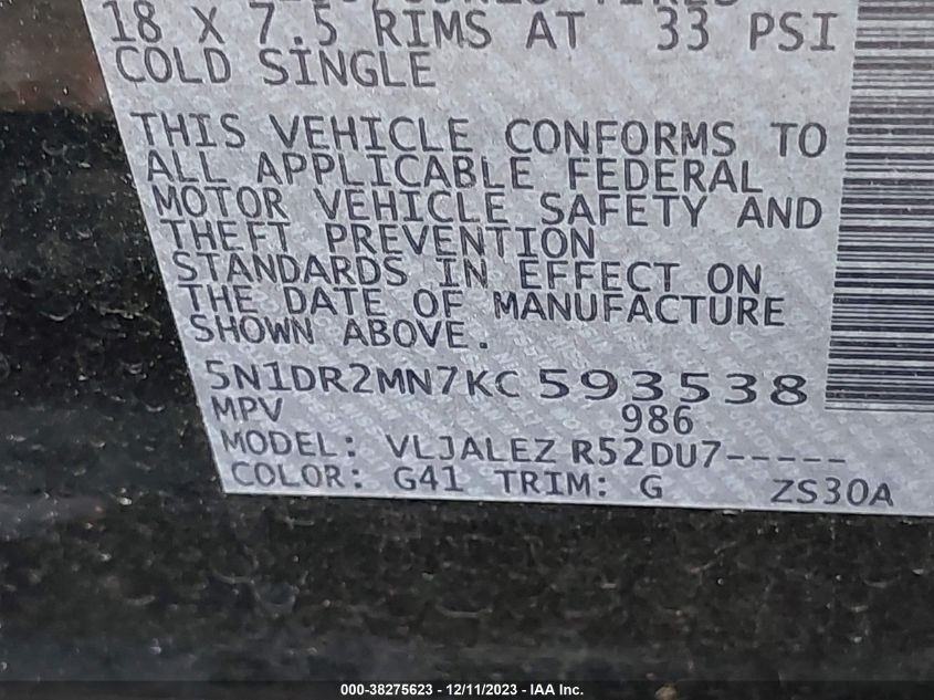 2019 NISSAN PATHFINDER S/SL/SV - 5N1DR2MN7KC593538