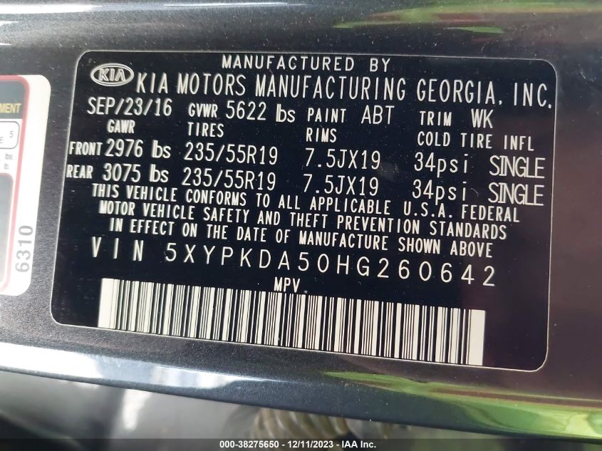 VIN 5XYPKDA50HG260642 2017 KIA SORENTO SX/SX LIMITED