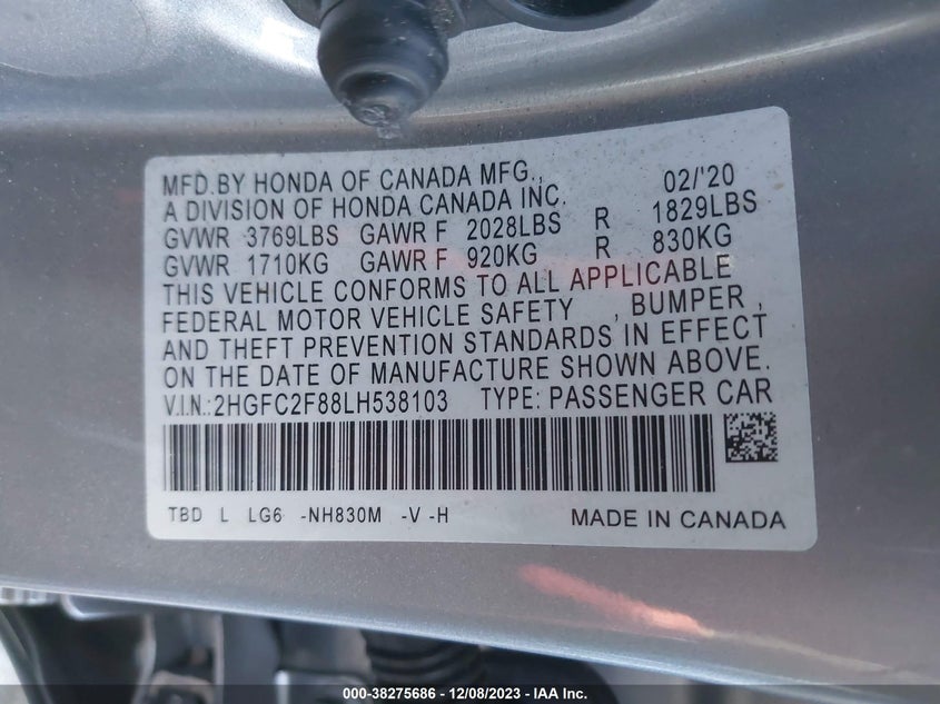 VIN 2HGFC2F88LH538103 2020 HONDA CIVIC SPORT