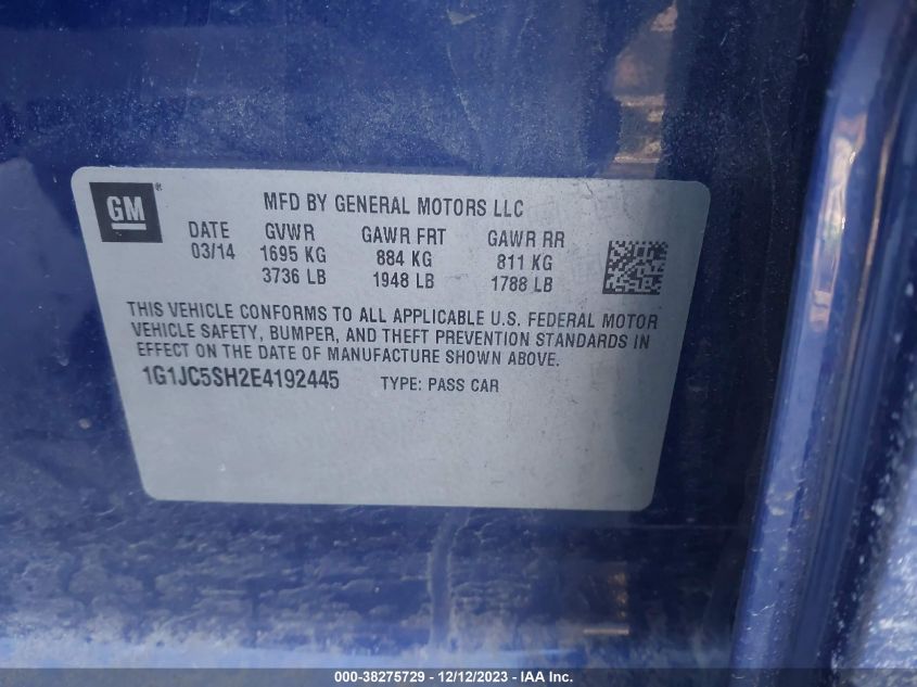 2014 CHEVROLET SONIC LT - 1G1JC5SH2E4192445