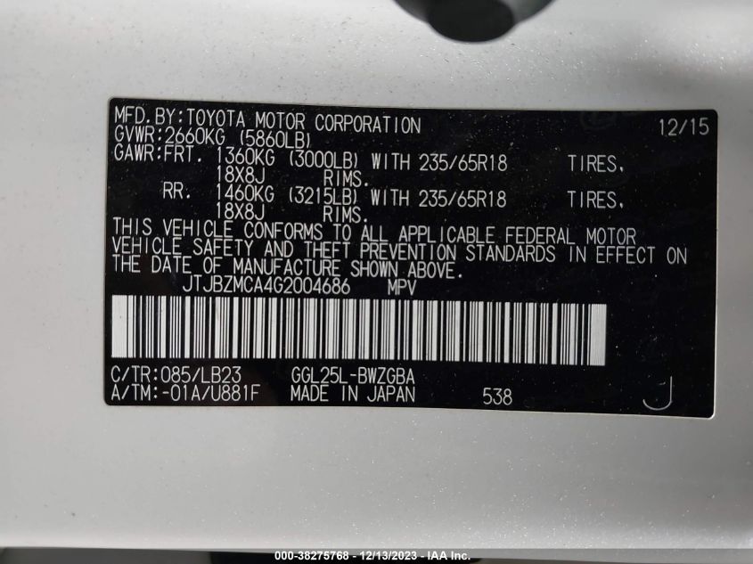 2016 LEXUS RX 350 - JTJBZMCA4G2004686