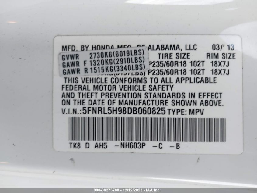 2013 HONDA ODYSSEY TOURING/TOURING ELITE - 5FNRL5H98DB060825