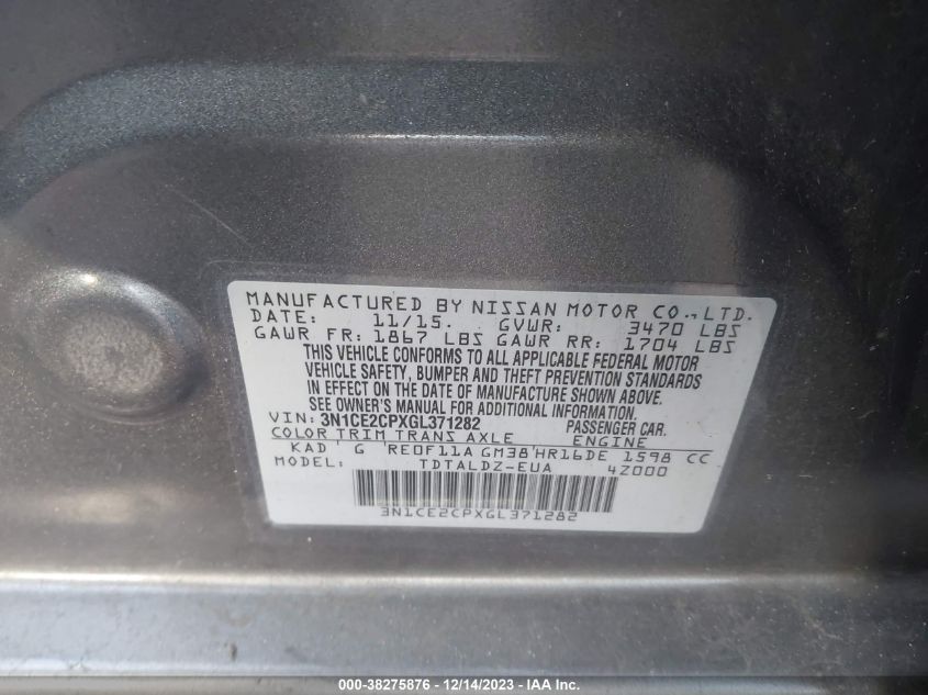 2016 NISSAN VERSA NOTE S (SR)/S PLUS/SL/SR/SV - 3N1CE2CPXGL371282