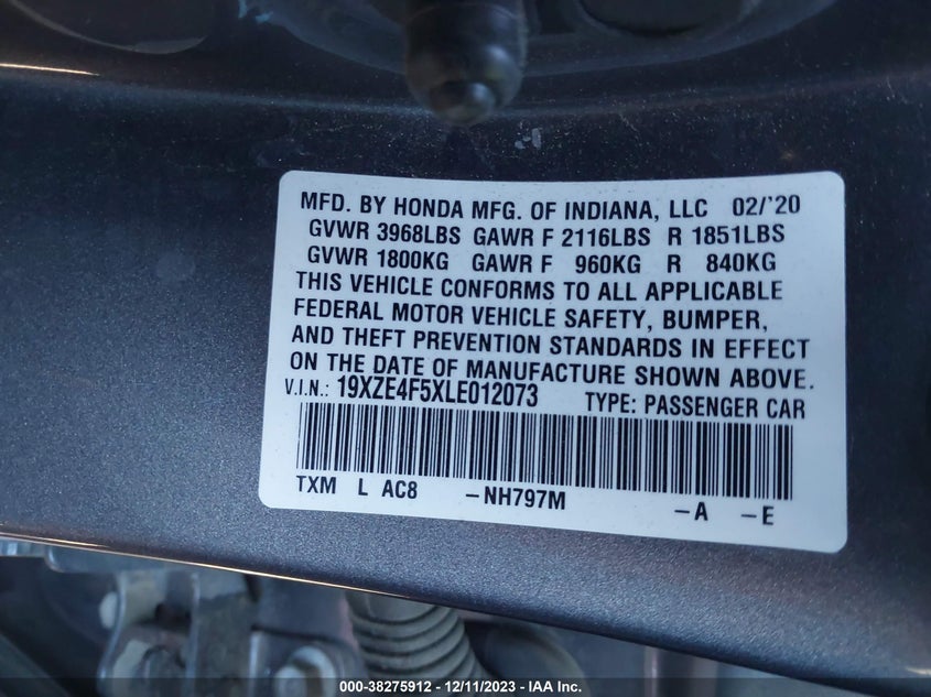 VIN 19XZE4F5XLE012073 2020 HONDA INSIGHT EX