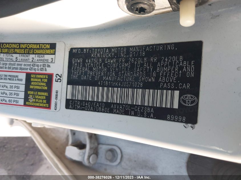 2018 TOYOTA CAMRY L/LE/XLE/SE/XSE - 4T1B11HK4JU571028