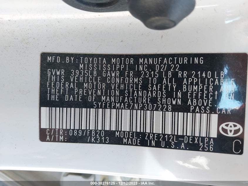 VIN 5YFEPMAE7NP307228 2022 TOYOTA COROLLA LE