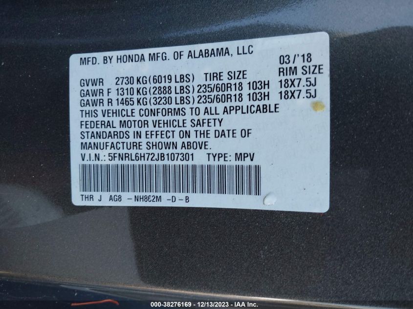 2018 HONDA ODYSSEY EX-L - 5FNRL6H72JB107301