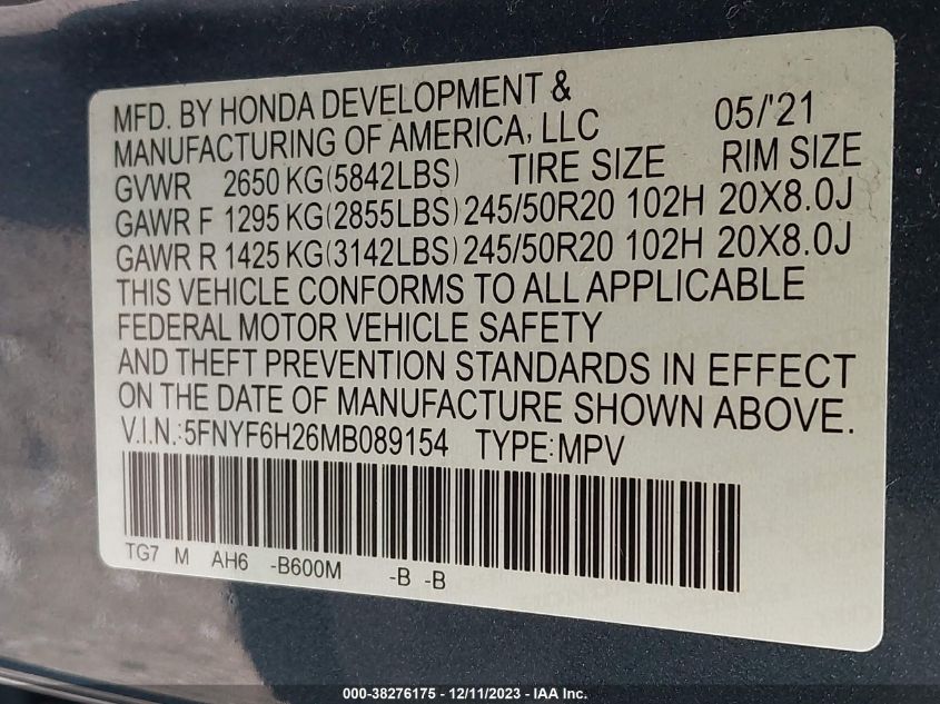2021 HONDA PILOT SE - 5FNYF6H26MB089154