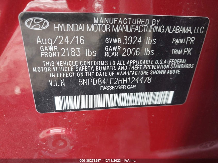 VIN 5NPD84LF2HH124478 2017 HYUNDAI ELANTRA SE