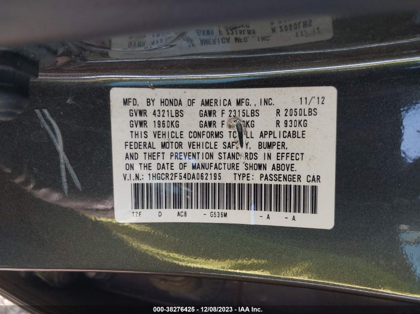 2013 HONDA ACCORD SDN SPORT 1HGCR2F54DA062195