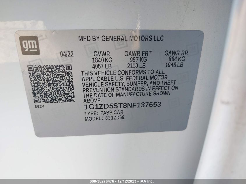 2022 CHEVROLET MALIBU LT - 1G1ZD5ST8NF137653