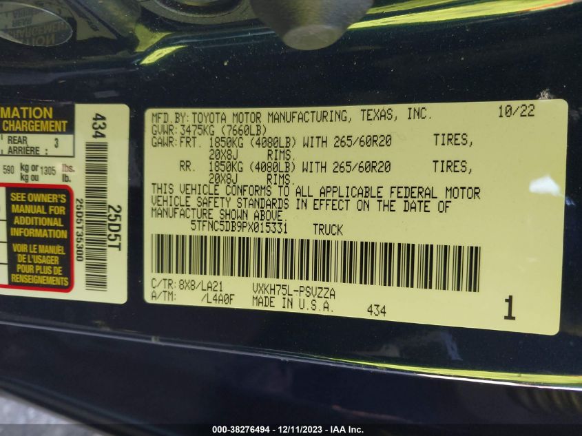 2023 TOYOTA TUNDRA HYBRID PLATINUM - 5TFNC5DB9PX015331
