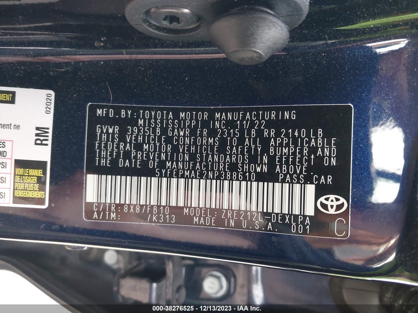 VIN 5YFEPMAE2NP388610 2022 TOYOTA COROLLA LE