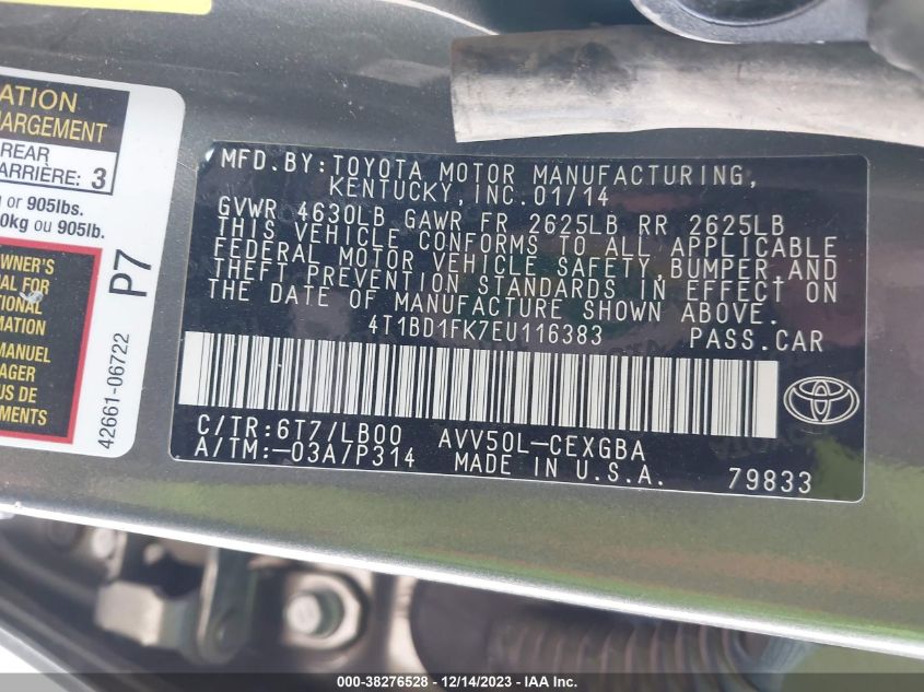 2014 TOYOTA CAMRY HYBRID XLE - 4T1BD1FK7EU116383